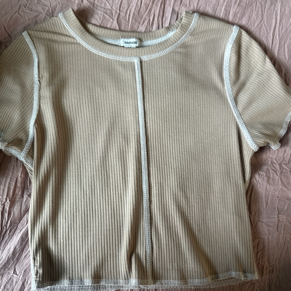 Garage Cream Ribbed Crop T-Shirt